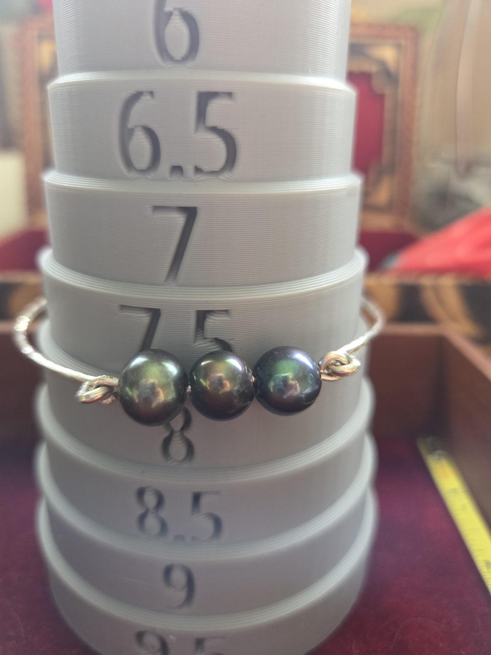 Three Black Pearl Bangle Bracelet with Gold Accents